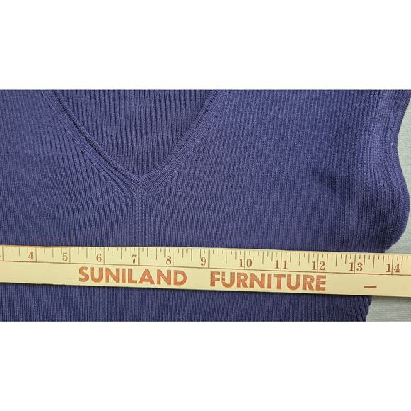 Lesley Evers Womens M/L Solid Navy Blue Ribbed Blouse Top Stretch Deep V Neck - Picture 9 of 10